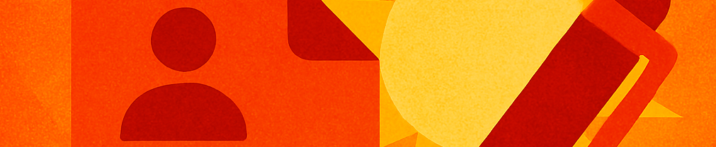 Abstrakte Grafik in warmen Farben, Darstellung von Nutzer- und Dialogsymbolen.