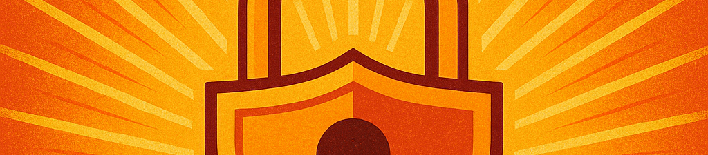 Schild mit strahlendem Hintergrund in Orange-gelb, symbolisiert Schutz und Sicherheit.