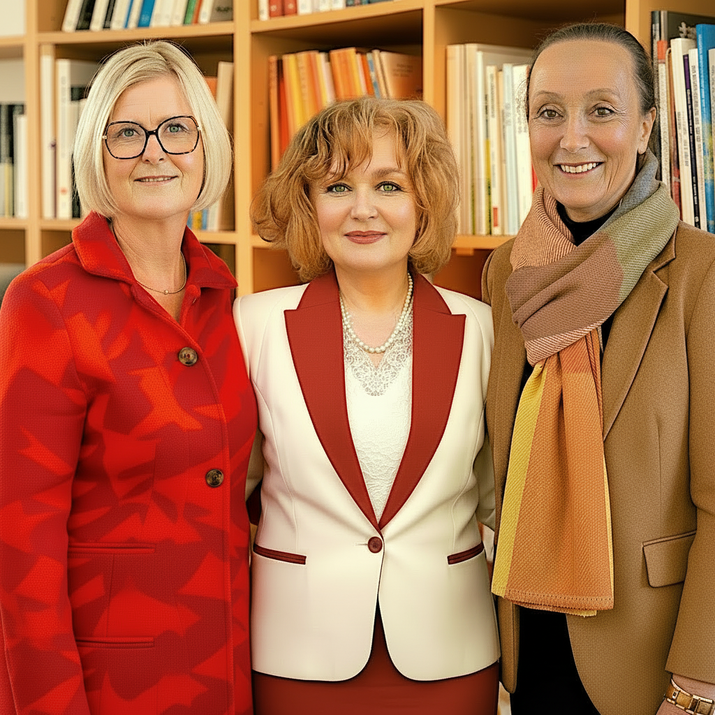 Drei Frauen in eleganter Kleidung, lächelnd vor einem Bücherregal.
