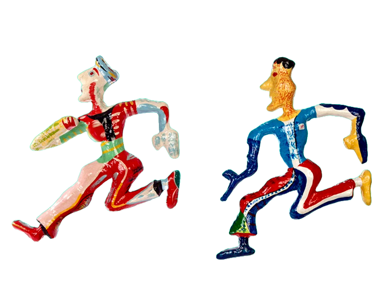 Zwei bunte, stilisierte Figuren, die sprintend dargestellt sind.